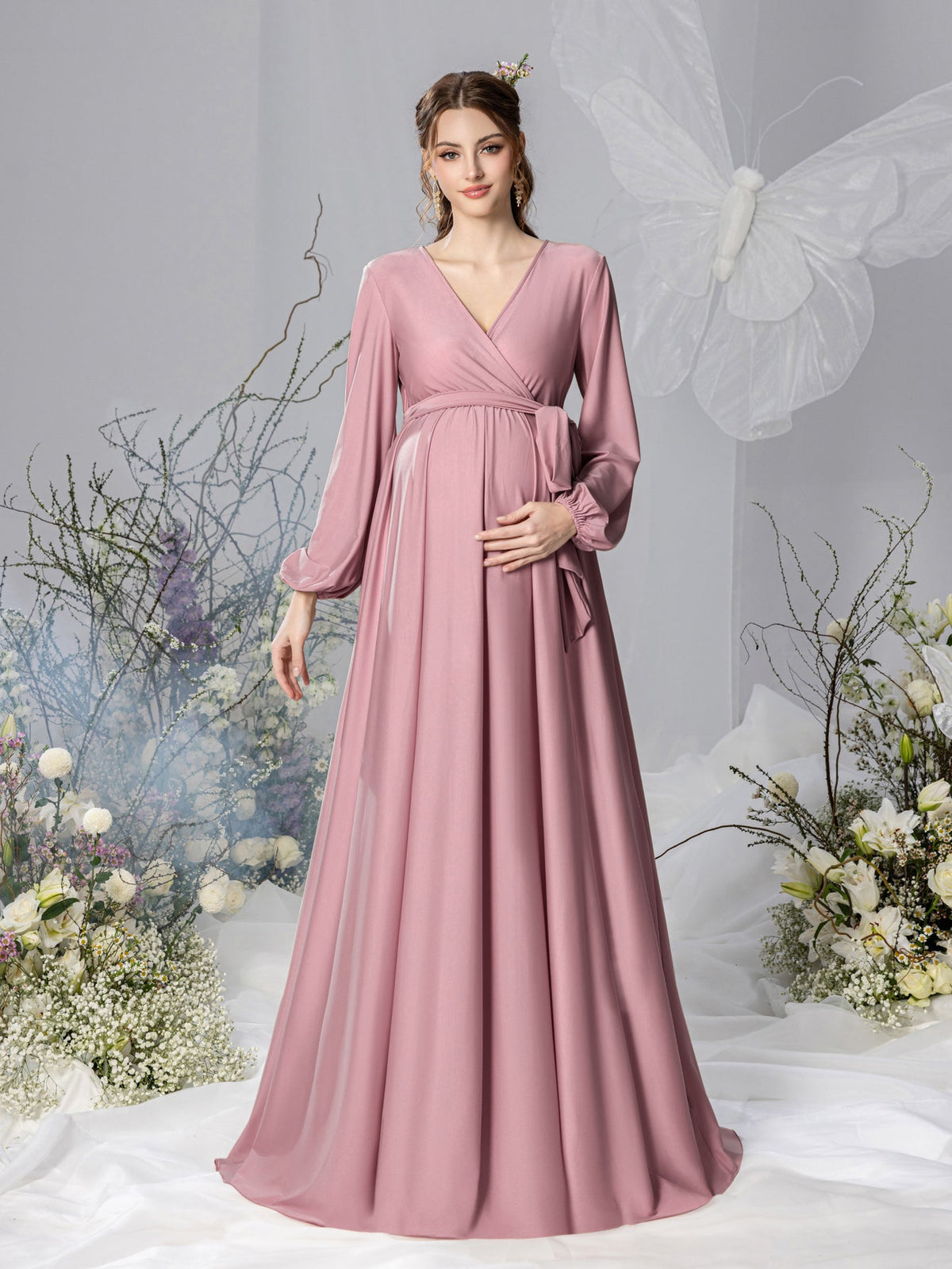 Maternity V-Neck Bow Long-Sleeve A-Line Evening Gown — authorized product image 7