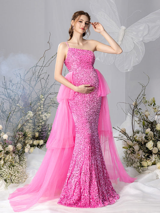 Maternity One-Shoulder Layered Mesh Overlay Sequin Party Dress