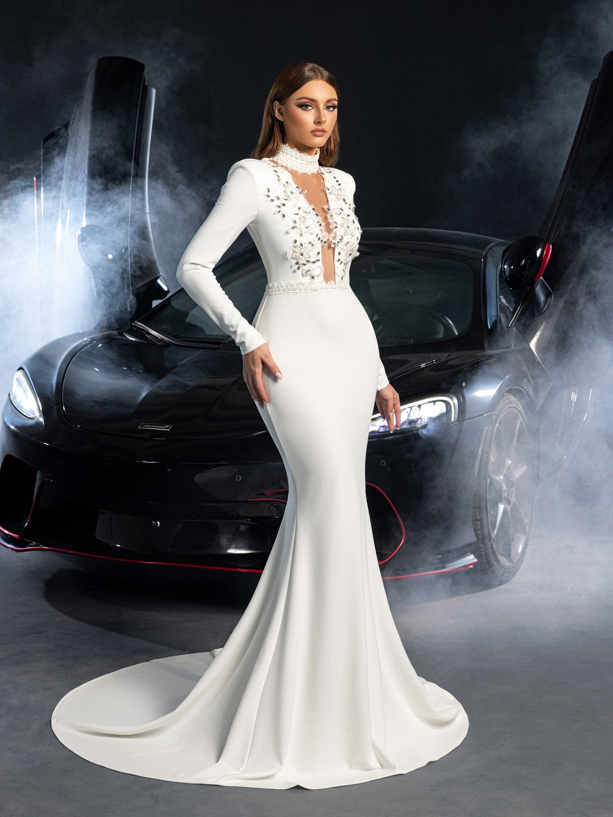 Additional product view of Mermaid Hem Knit Mock-Neck Long-Sleeve Appliqué Wedding Dress