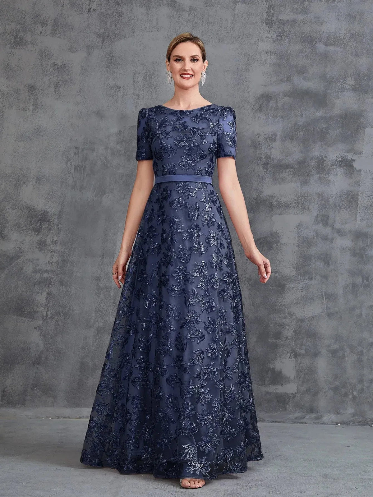 Additional product view of Short-Sleeve A-Line Sequin Maxi Mother-of-the-Bride Dress