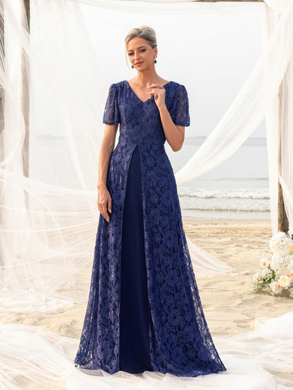 Additional view of Navy Blue V-Neck Lace Floral A-Line Mother of the Bride Dress