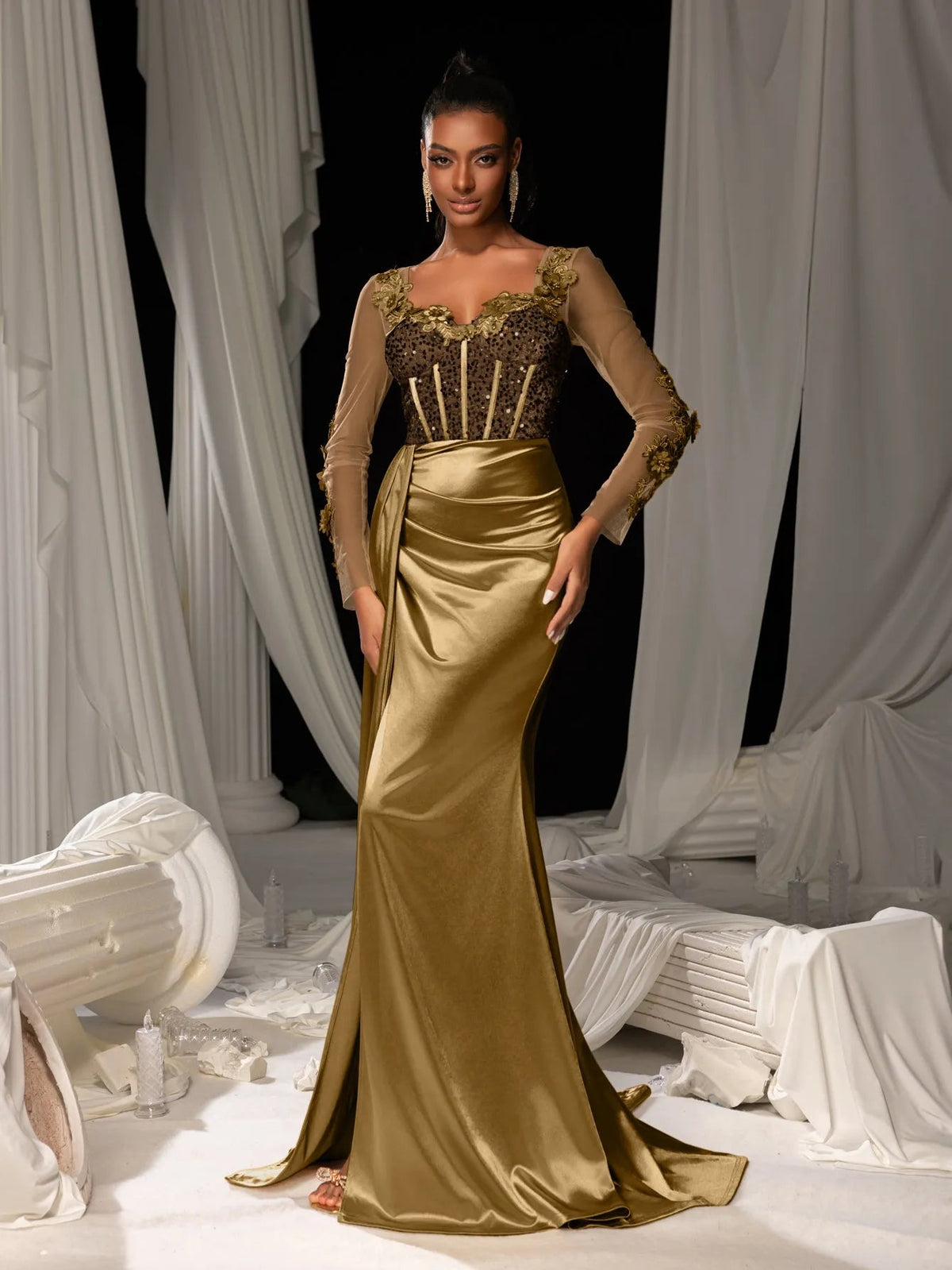 Additional view of Sequin Bodice Sheer Sleeve Mermaid Hem Satin Evening Dress