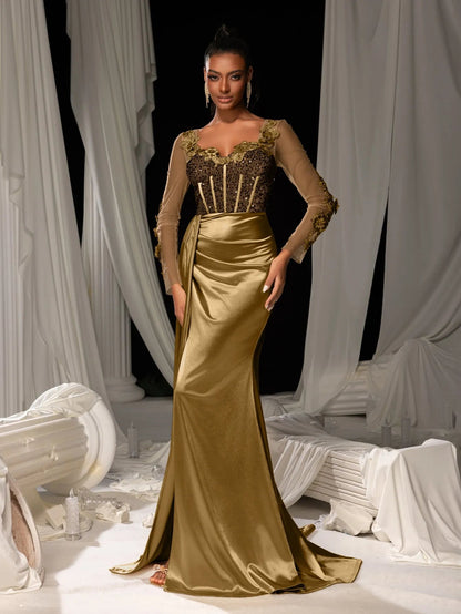 Additional view of Sequin Bodice Sheer Sleeve Mermaid Hem Satin Evening Dress