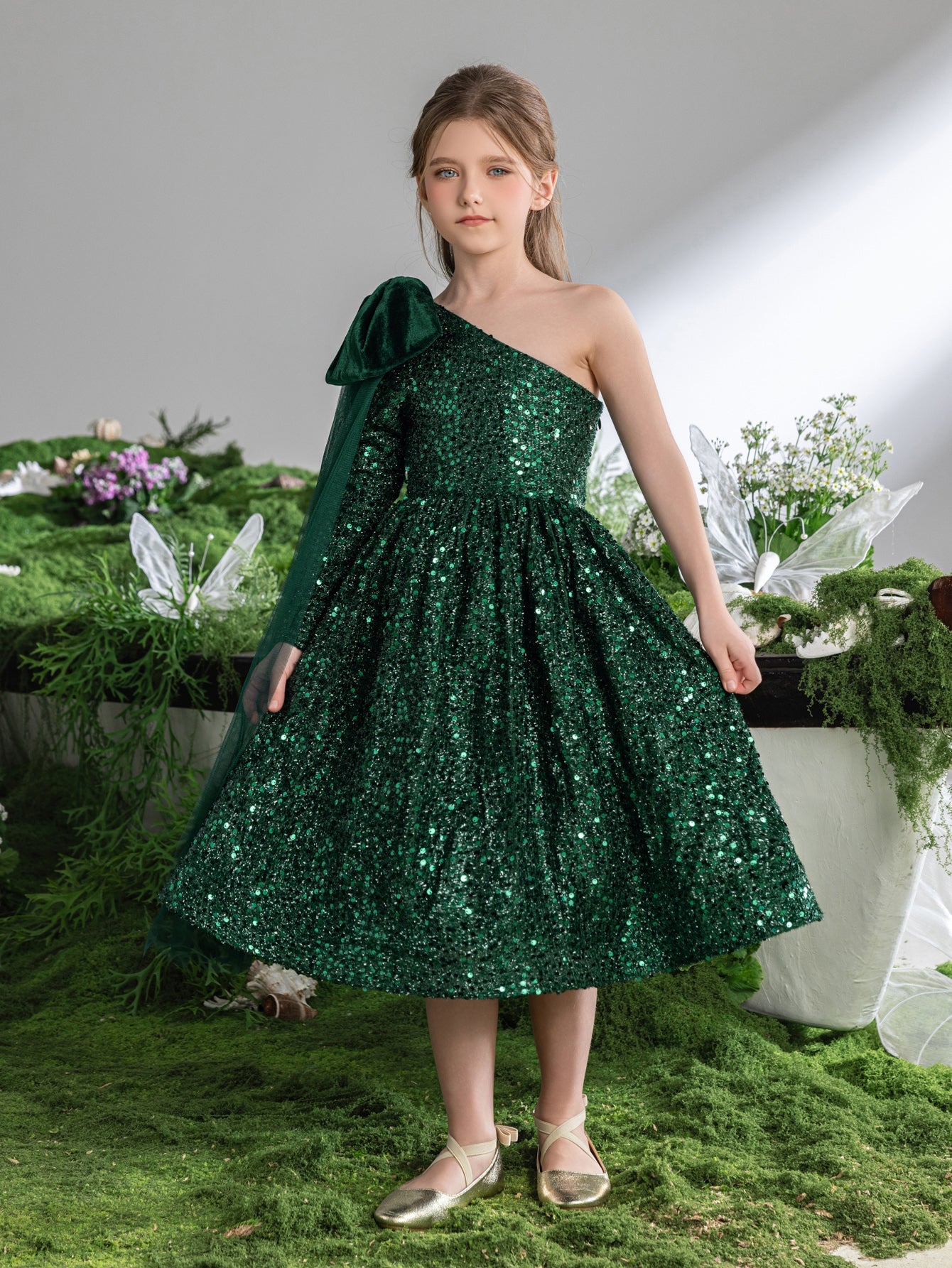 Additional product view of Bow Detail One-Shoulder Sequin A-Line Midi Tween Girls' Party Dress
