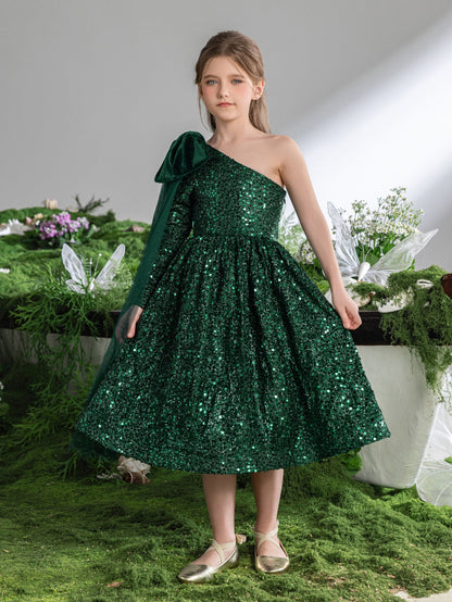 Additional product view of Bow Detail One-Shoulder Sequin A-Line Midi Tween Girls' Party Dress