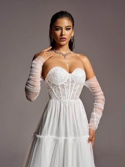 Elegant Lace Corset Bodice Sheer Sleeves A-line Tulle Wedding Dress – view 9