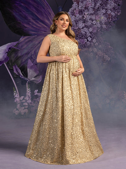 Plus-Size Maternity One-Shoulder Sequin High Slit Sleeveless A-Line Evening Gown — authorized product image 7