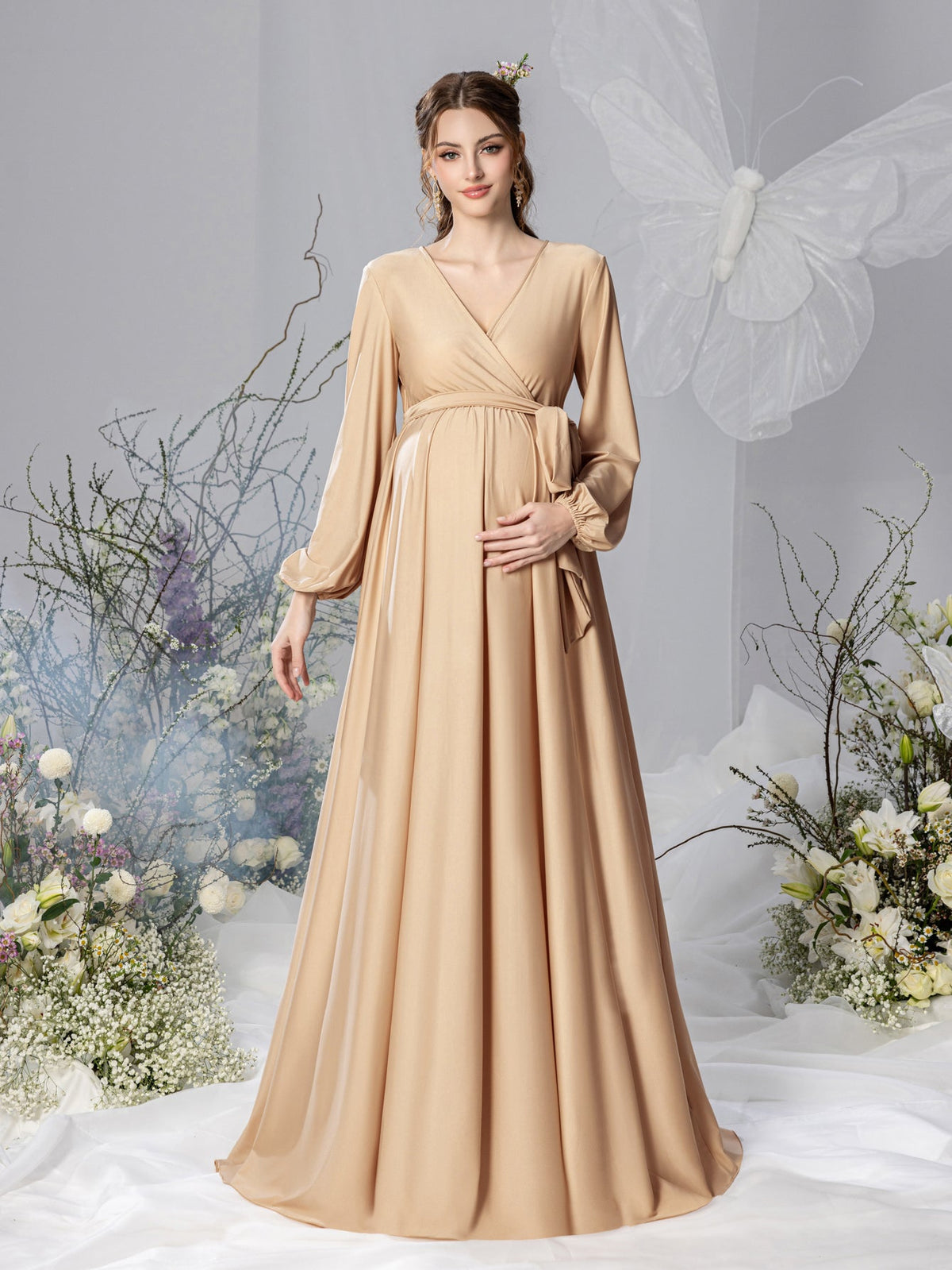Maternity V-Neck Bow Long-Sleeve A-Line Evening Gown — authorized product image 3