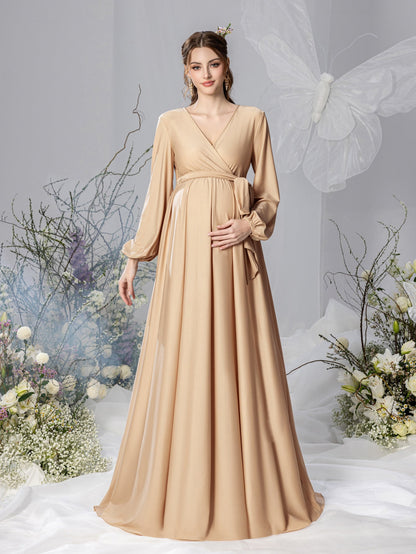Maternity V-Neck Bow Long-Sleeve A-Line Evening Gown — authorized product image 3