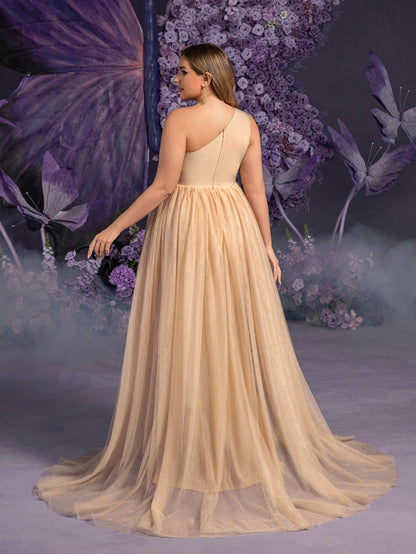 Additional product view of Contrast Mesh Plus-Size One-Shoulder Knit Mermaid Maternity Evening Dress