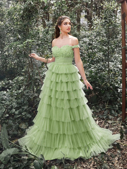 Off-Shoulder Applique Bodice Cascading Ruffle Hem Prom Dress — authorized product image 12