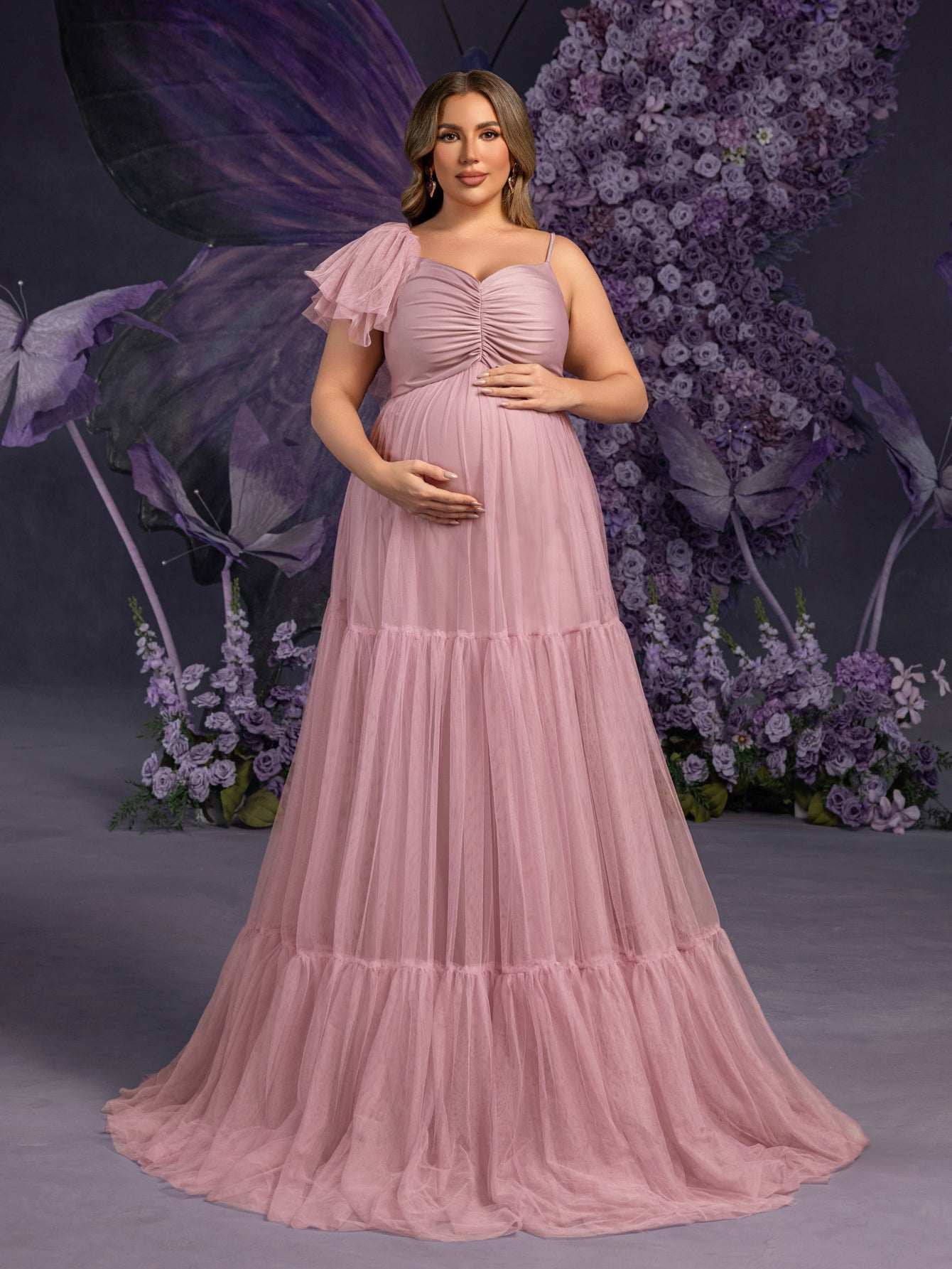 Plus-Size Maternity Spaghetti Strap Tulle Sleeveless A-Line Evening Gown — authorized product image 4