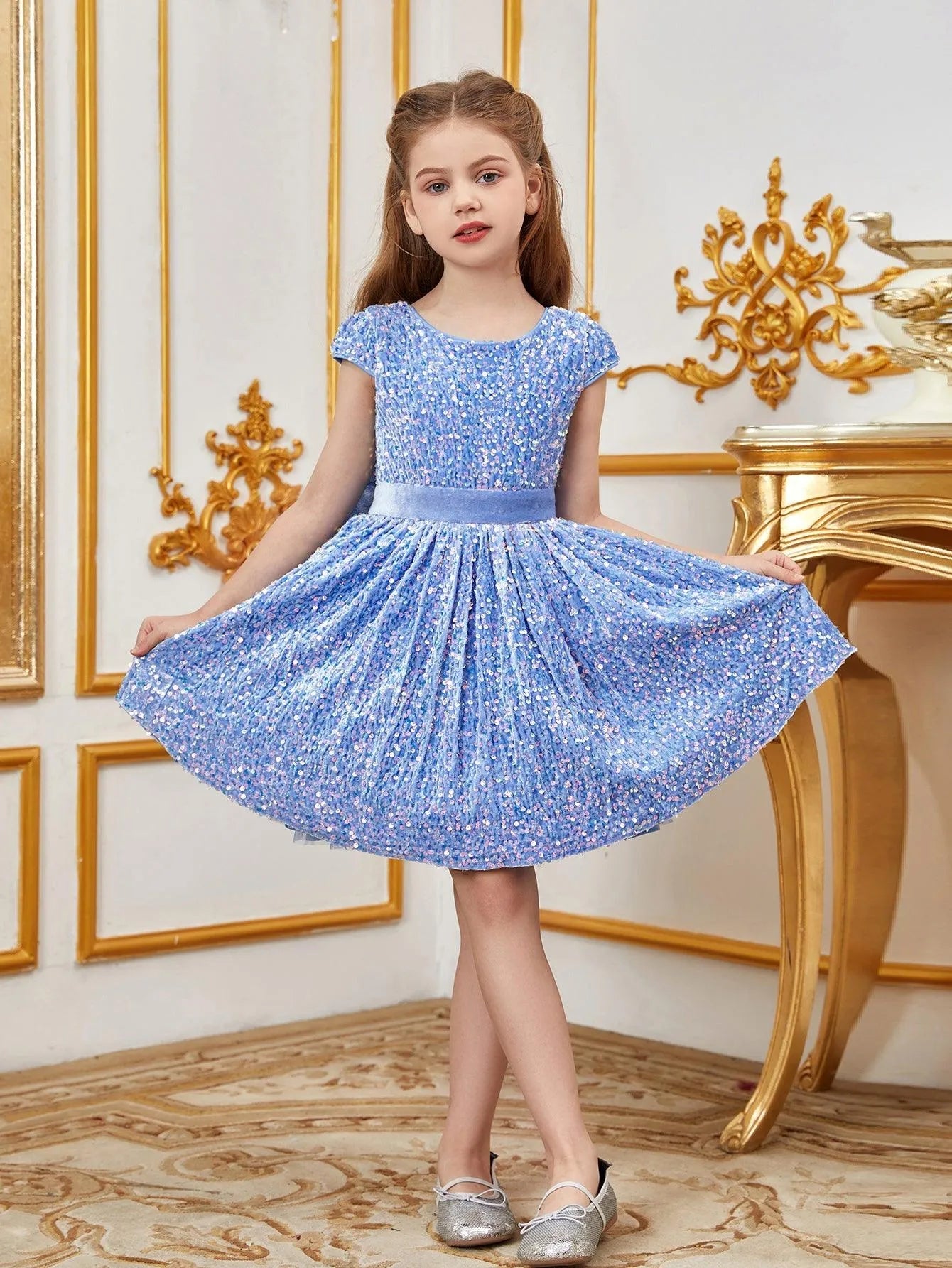 Additional product view of Bow-Back Sequin A-Line Short-Sleeve Midi Tween Girls' Party Dress