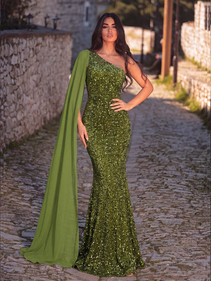 Elegant Sequin One Shoulder Sash Prom Dresses