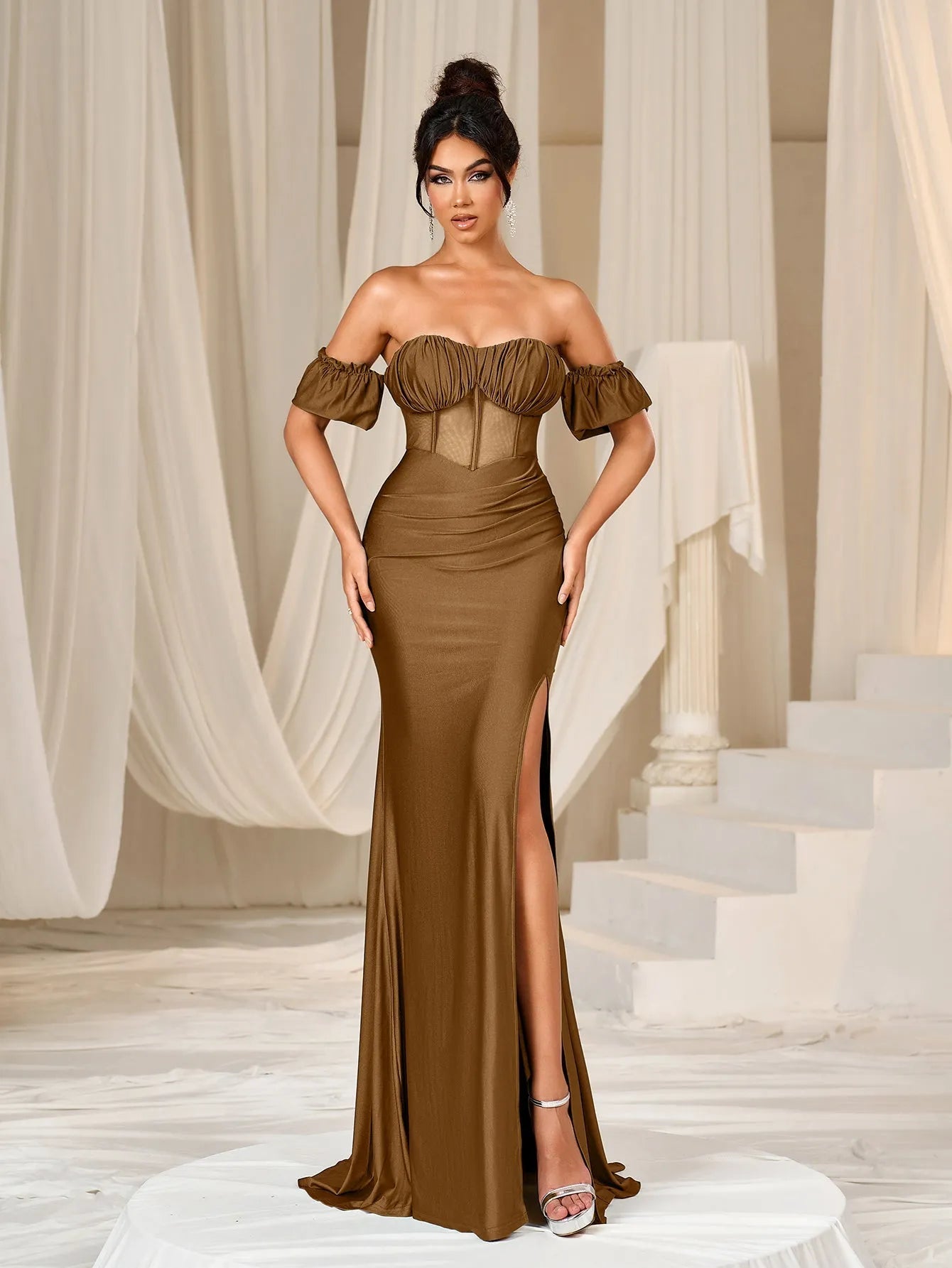 Additional product view of Mermaid Hem Off-Shoulder Knit Backless Short-Sleeve Evening Gown