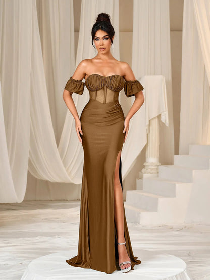 Additional product view of Mermaid Hem Off-Shoulder Knit Backless Short-Sleeve Evening Gown