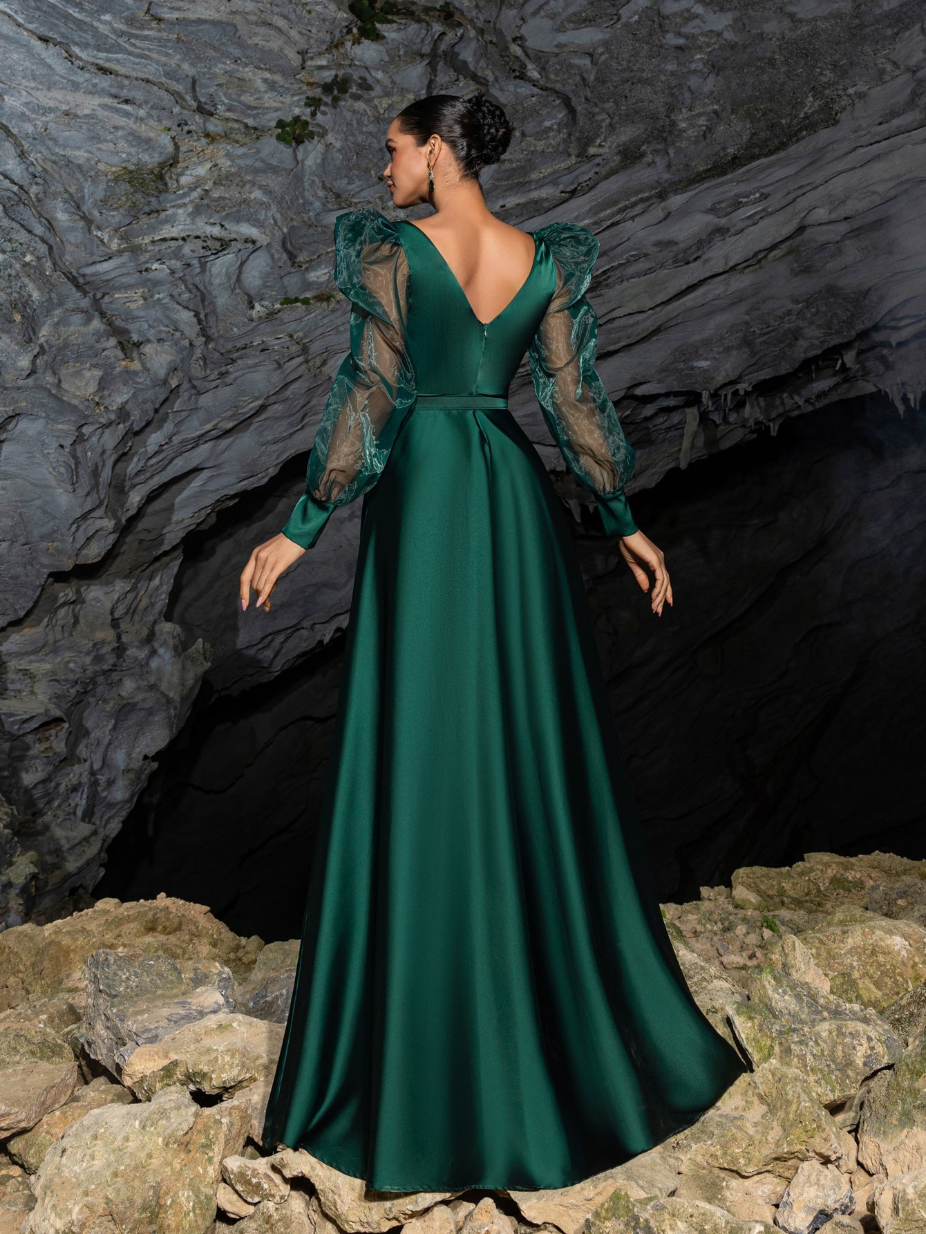 V-Neck Satin Puff-Sleeve A-Line Evening Gown — authorized product image 2