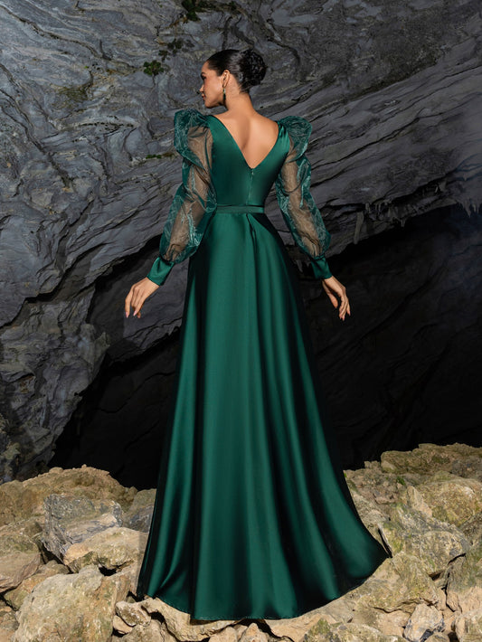 V-Neck Satin Puff-Sleeve A-Line Evening Gown — authorized product image 2