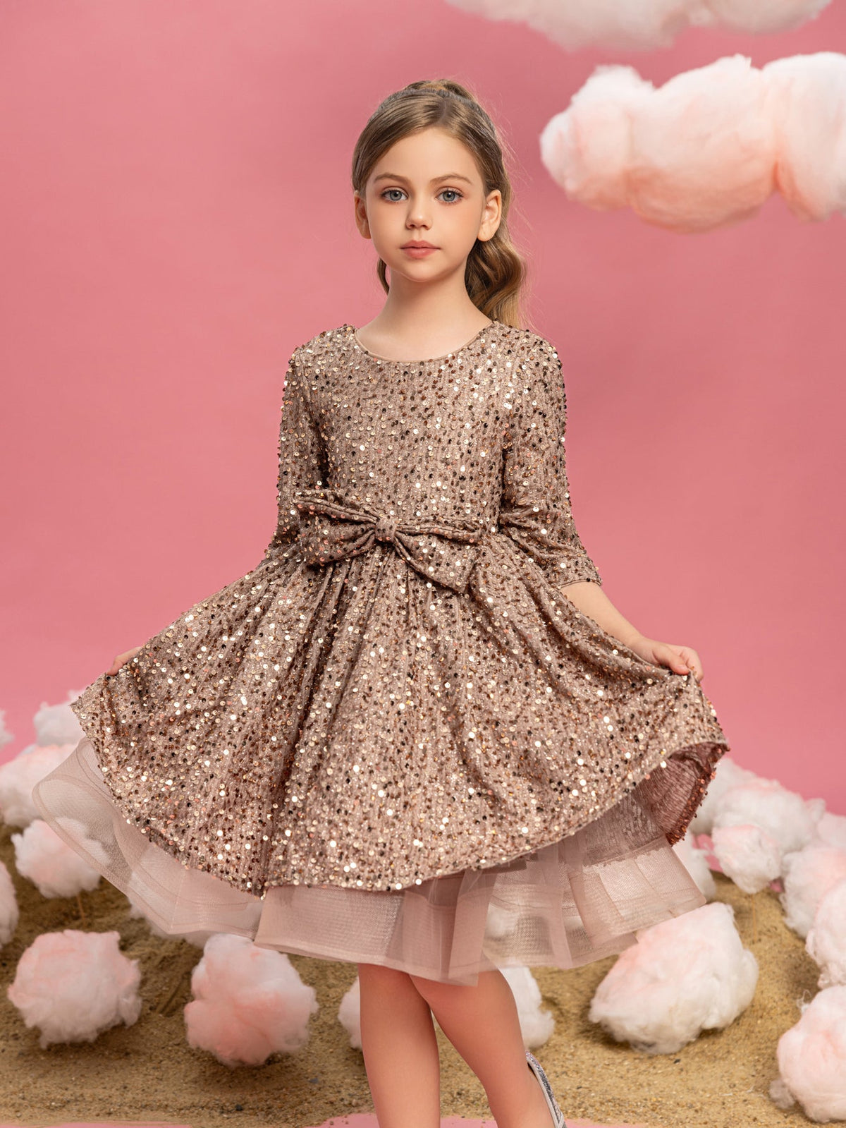 Additional product view of Three-Quarter-Sleeve Bow Detail Sequin A-Line Midi Tween Girls' Party Dress