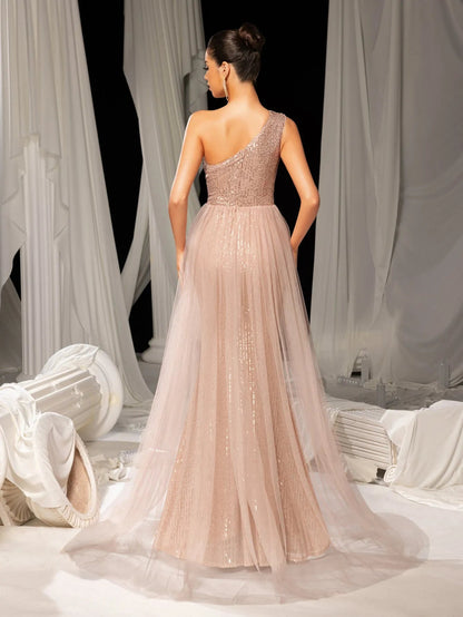Additional product view of Mesh Overlay One-Shoulder Sequin Mermaid Sleeveless Evening Gown