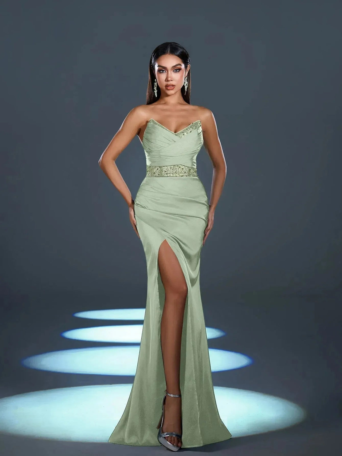 Additional product view of High-Slit Strapless Satin Sequin Mermaid Evening Gown