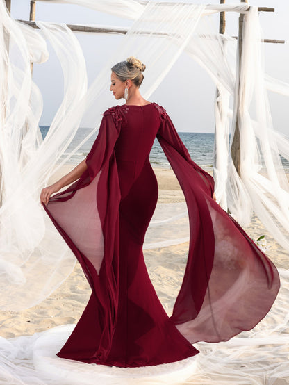 Mother-of-the-Bride Round Neck Chiffon Appliqué Half-Sleeve Mermaid Evening Gown — authorized product image 2