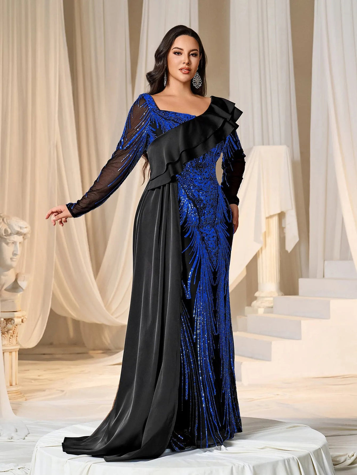 Plus Asymmetrical Ruffle Trim Mermaid Hem Graphic Sequin Formal Dress Evening Dress