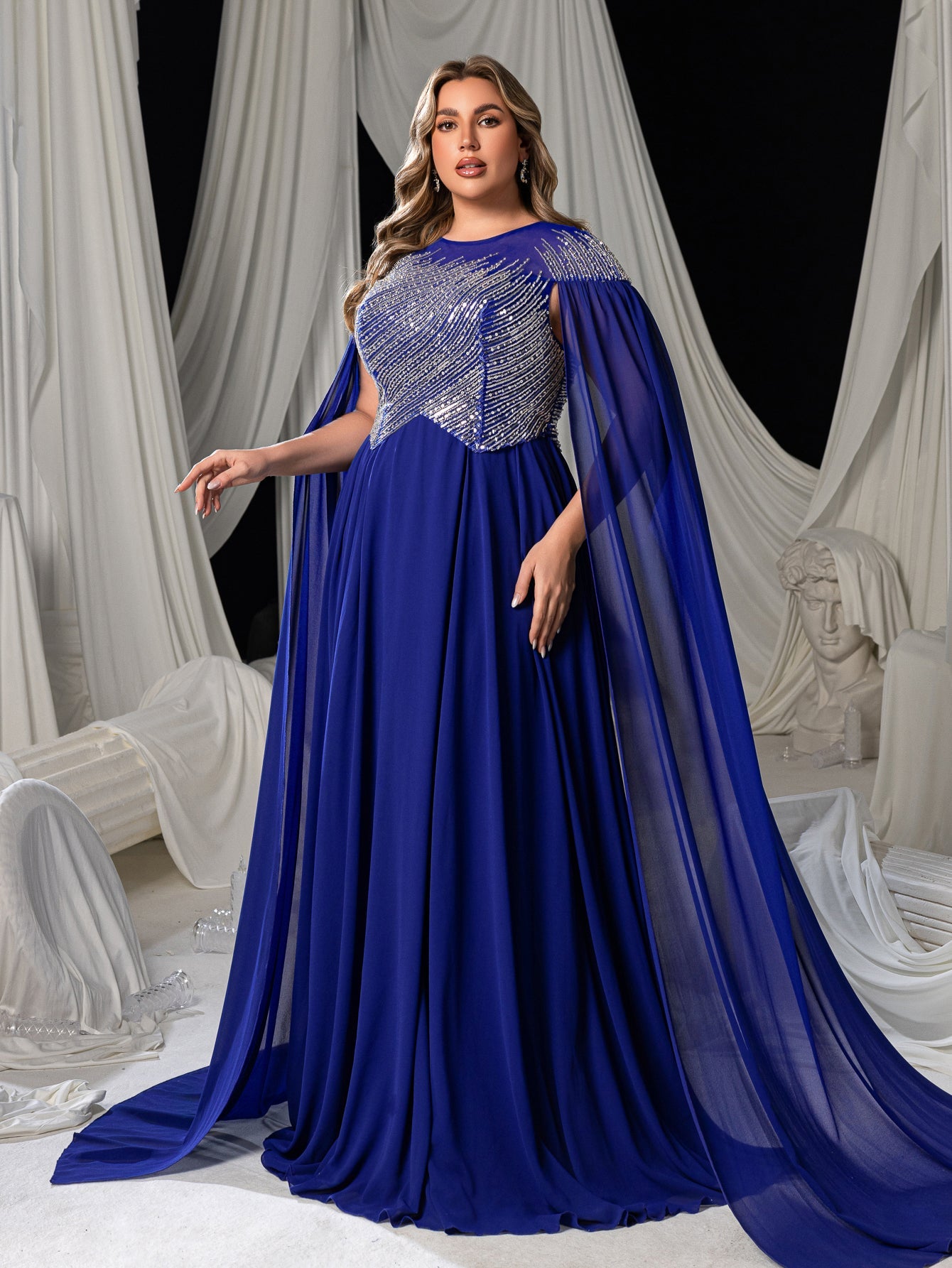 Plus Elegant Chiffon Evening Gown with Beaded Sequin Embellished Bodice, Cape-Style Sleeves & Flowy Floor-Length Skirt, Back Beaded Detail – view 6