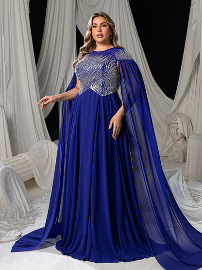 Additional view of Plus-Size Round Neck Sequin Cape A-Line Evening Gown