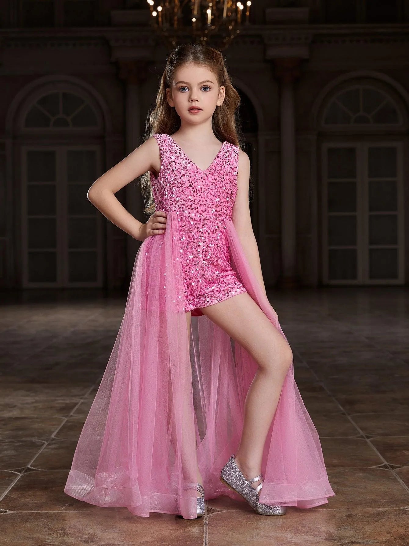 Additional product view of Mesh Overlay V-Neck Sequin Sleeveless Tween Girls' Formal Romper