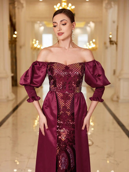 Off-Shoulder Gigot Sleeves Sequin Prom Dress – view 6