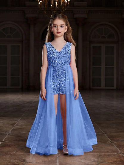 Additional product view of Mesh Overlay V-Neck Sequin Sleeveless Tween Girls' Formal Romper