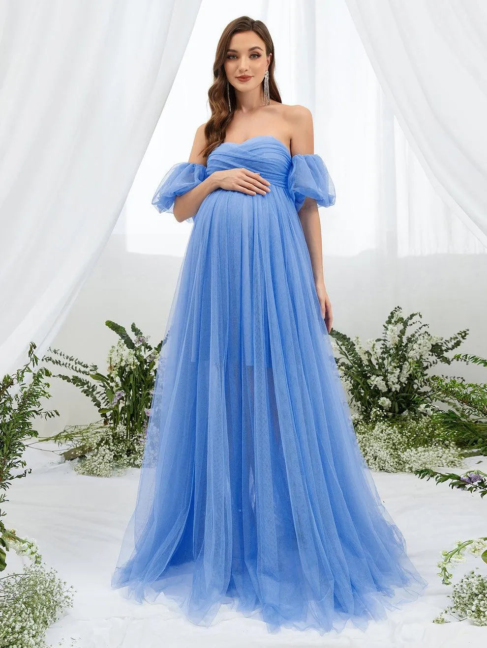 Alternate view of Mesh Overlay Puff-Sleeve Off-Shoulder A-Line Maxi Maternity Evening Dress in Light Blue