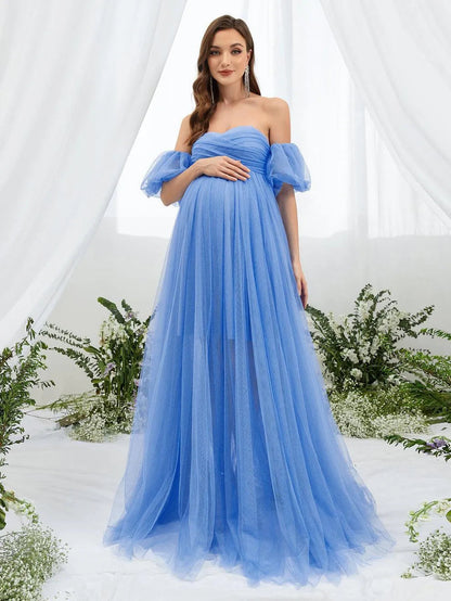 Alternate view of Mesh Overlay Puff-Sleeve Off-Shoulder A-Line Maxi Maternity Evening Dress in Light Blue