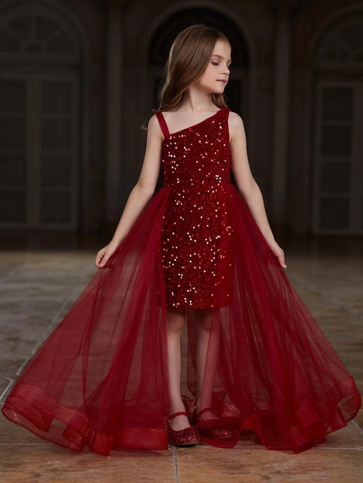 Alternate view of Mesh Overlay Asymmetrical Neckline Sequin A-Line Sleeveless Tween Girls' Party Dress in Red