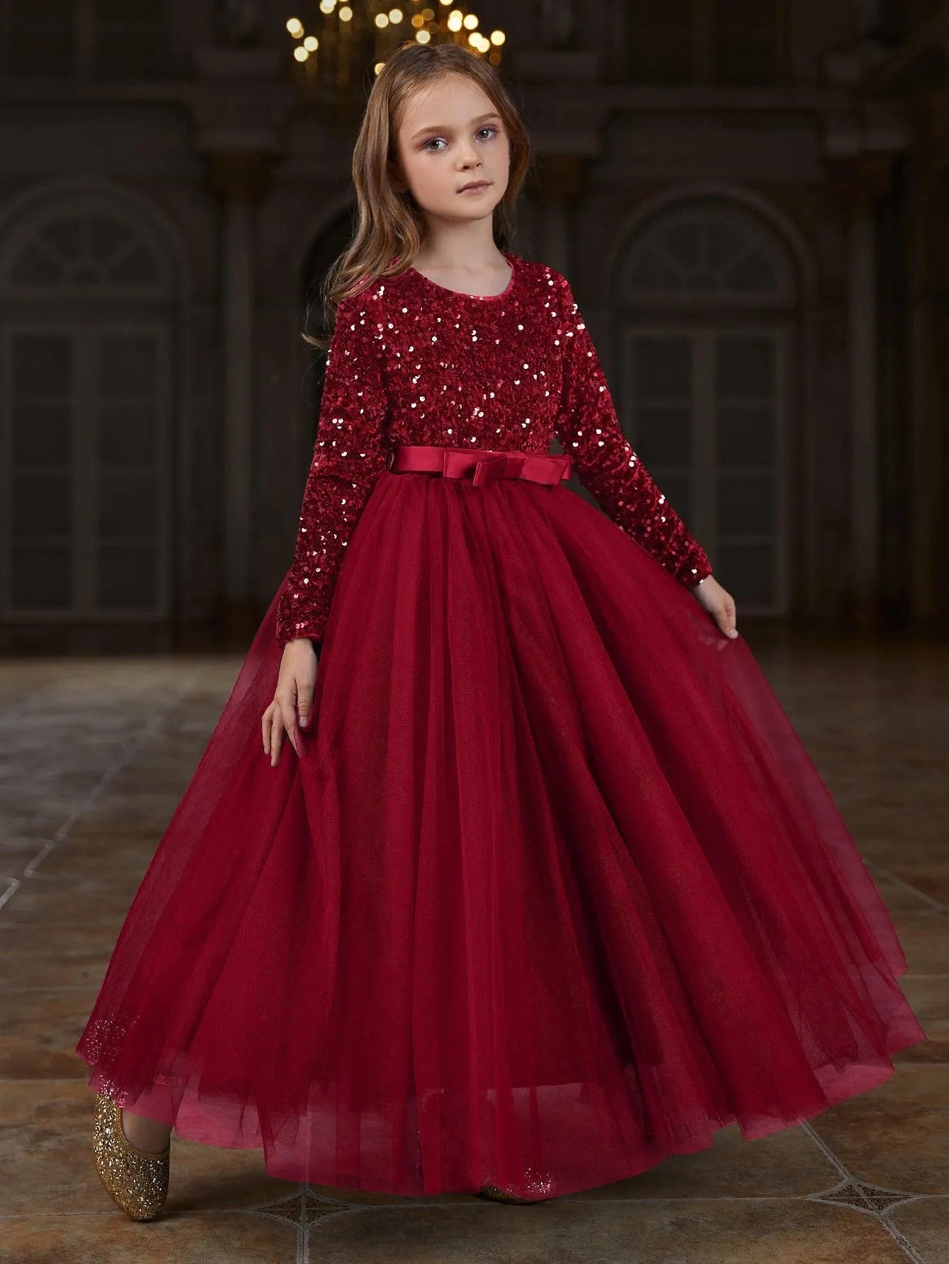 Alternate view of Sequin A-Line Long-Sleeve Mesh Maxi Tween Girls' Party Dress in Red