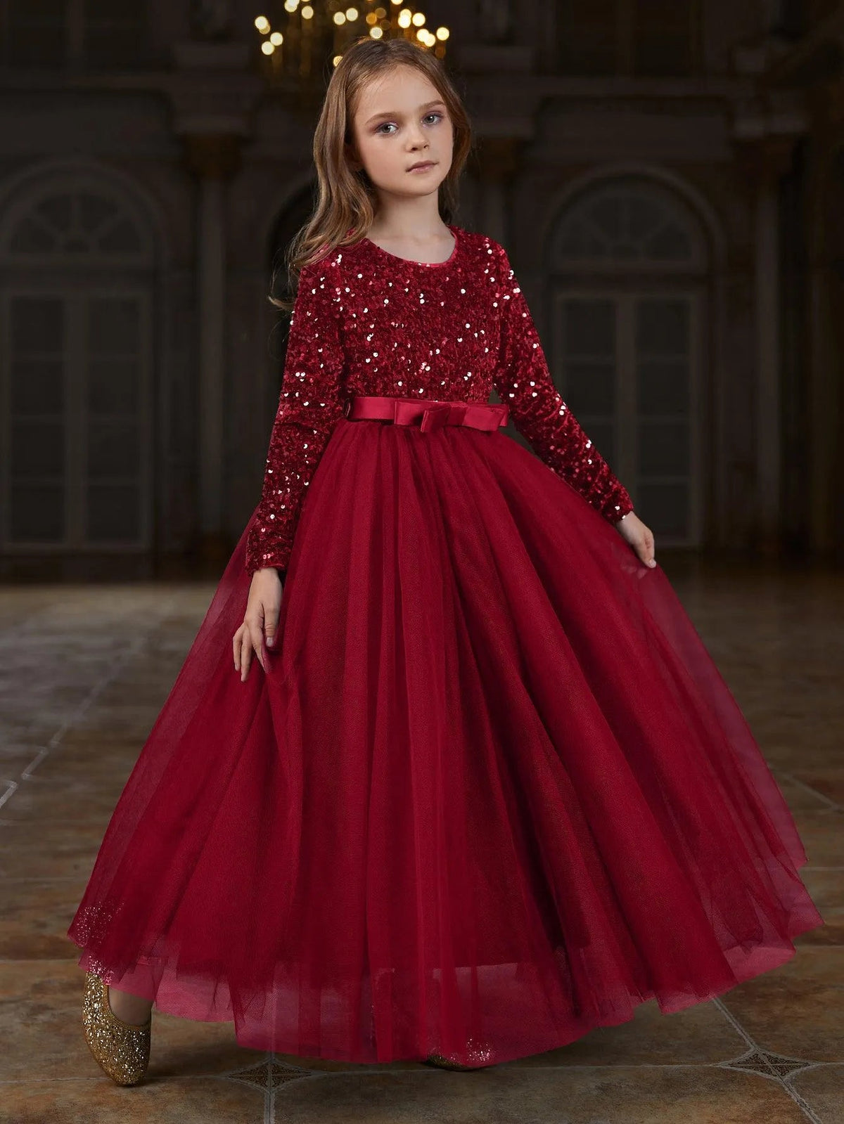 Alternate view of Sequin A-Line Long-Sleeve Mesh Maxi Tween Girls' Party Dress in Red