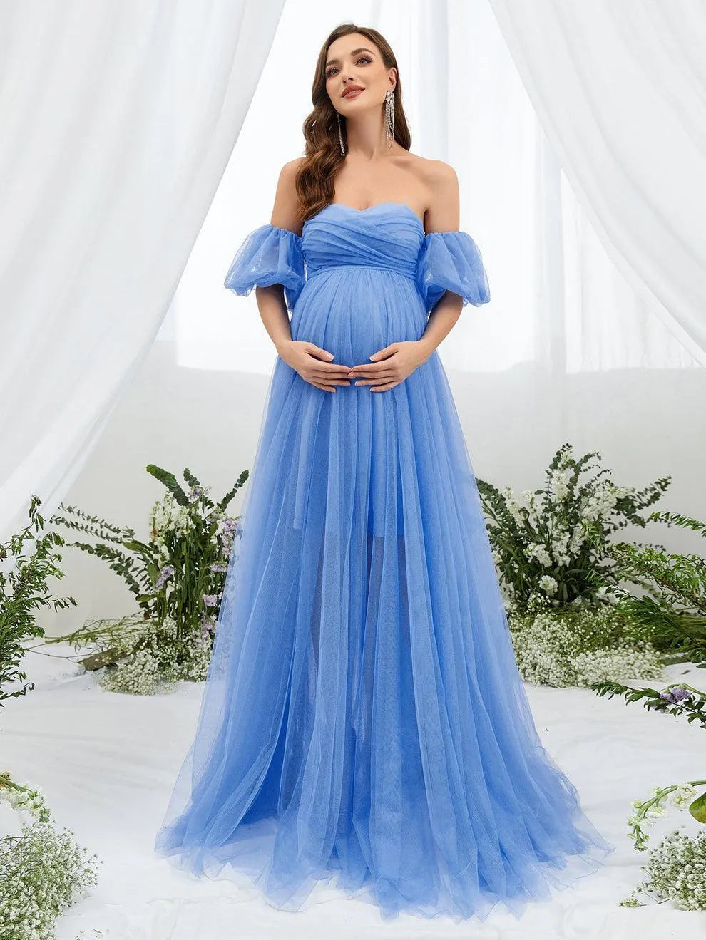 Additional product view of Mesh Overlay Puff-Sleeve Off-Shoulder A-Line Maxi Maternity Evening Dress