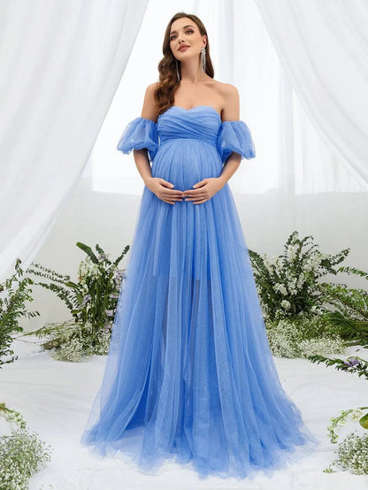 Additional product view of Mesh Overlay Puff-Sleeve Off-Shoulder A-Line Maxi Maternity Evening Dress