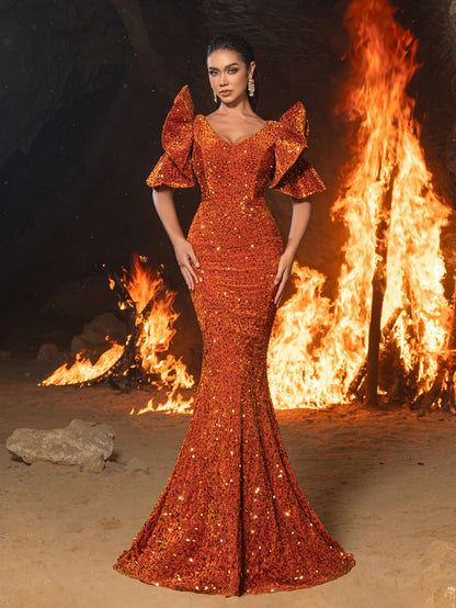 Gorgeous Maxi Sequin Flutter Sleeves Mermaid Evening Dress