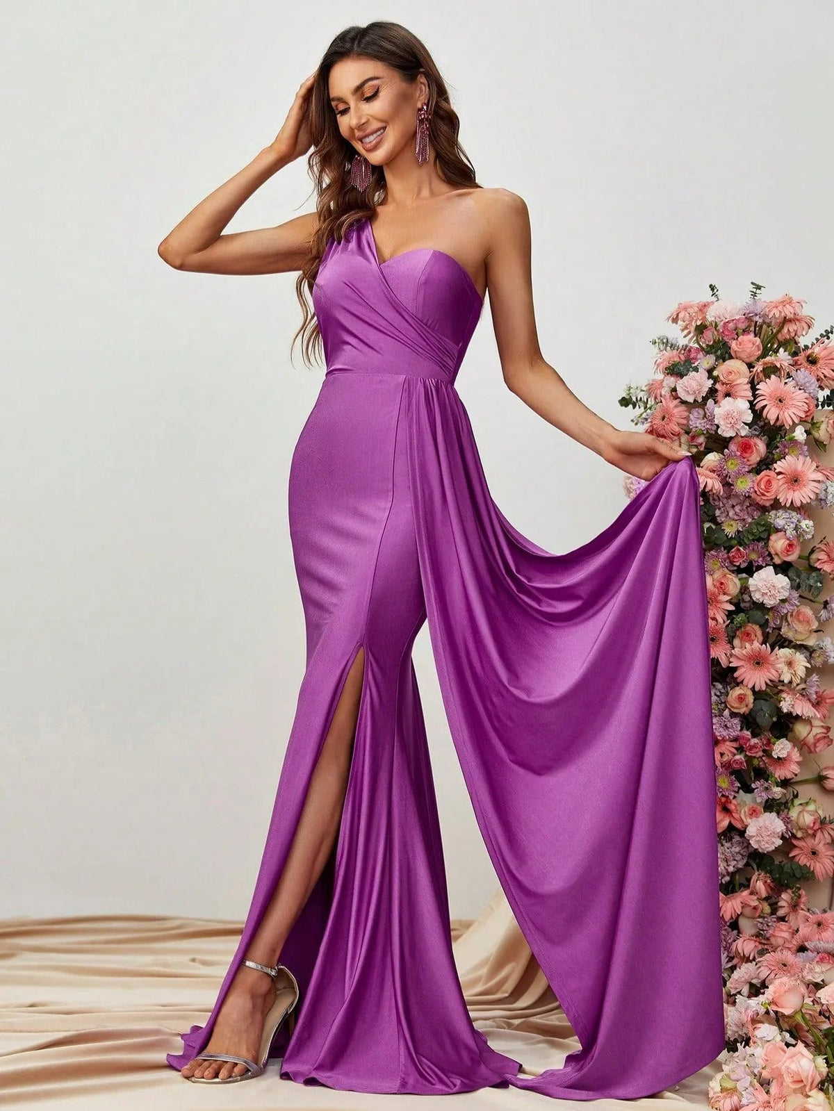 Alternate view of Draped Side High-Slit One-Shoulder Knit Mermaid Evening Gown in Purple
