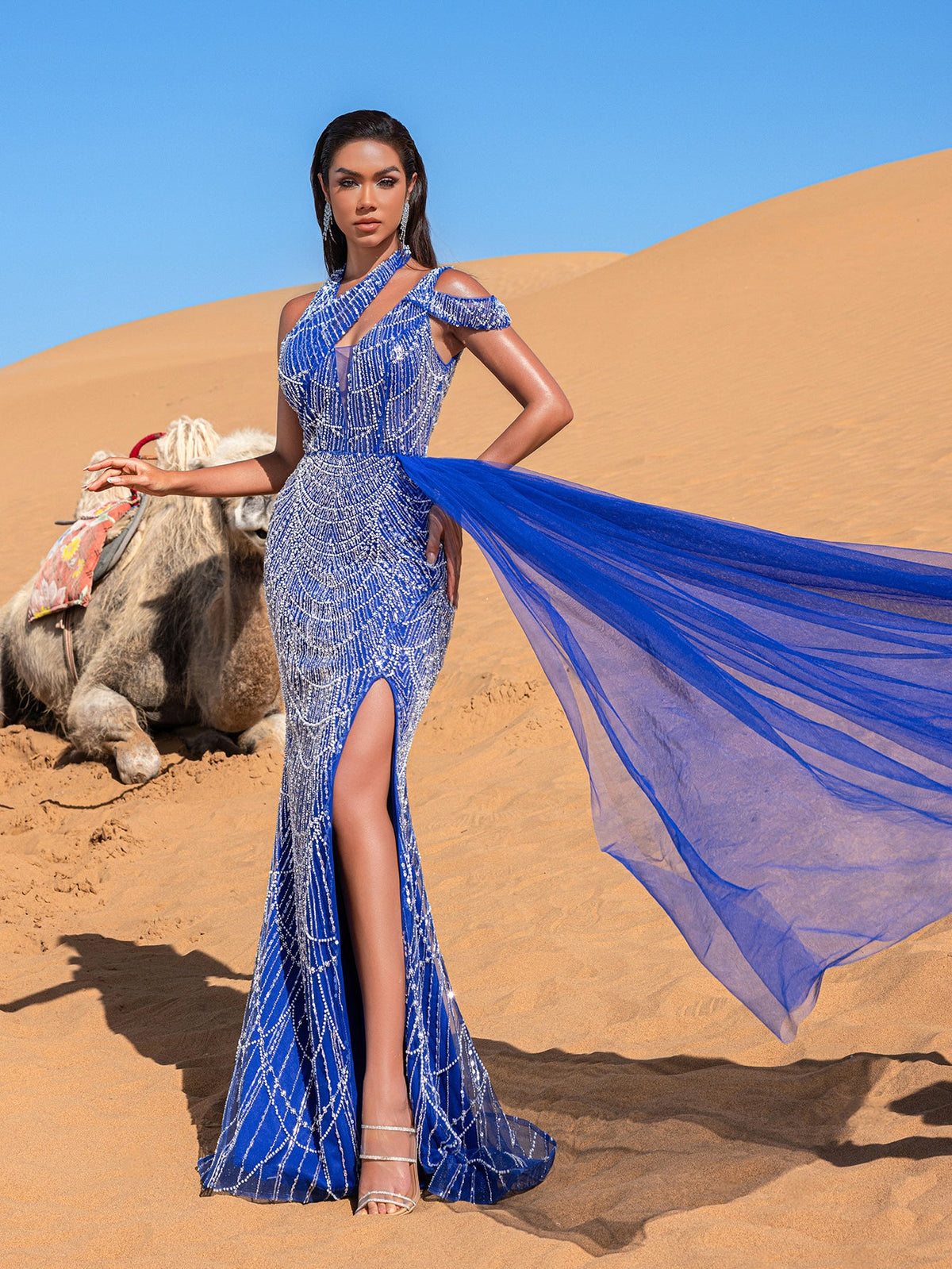 Additional view of Asymmetrical Neck Beaded Mermaid Evening Gown