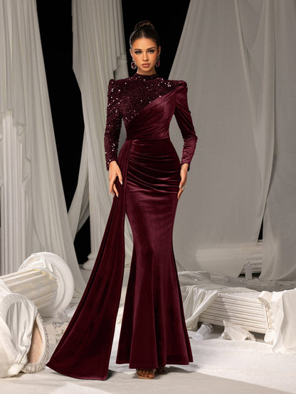 Elegant Velvet Evening Gown with Sequin Detail & Mermaid Silhouette – Luxury Bridal Wear for Weddings or High-End Events, XS-XL