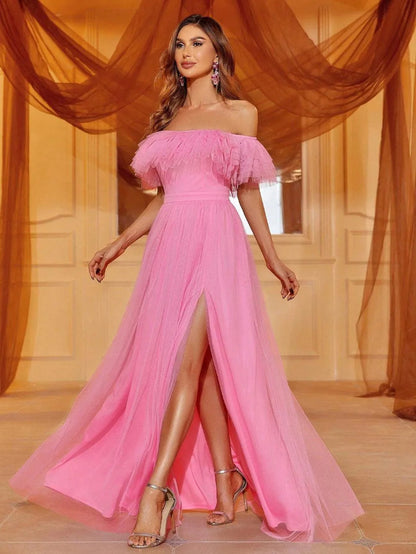 Additional product view of Ruffle Trim High-Slit Off-Shoulder Mesh A-Line Evening Gown