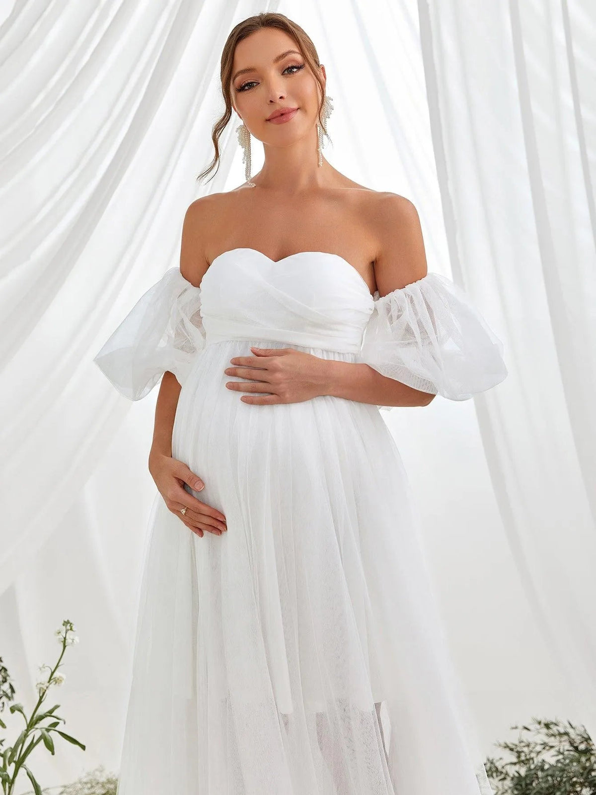 Additional product view of Mesh Overlay Puff-Sleeve Off-Shoulder A-Line Maxi Maternity Evening Dress