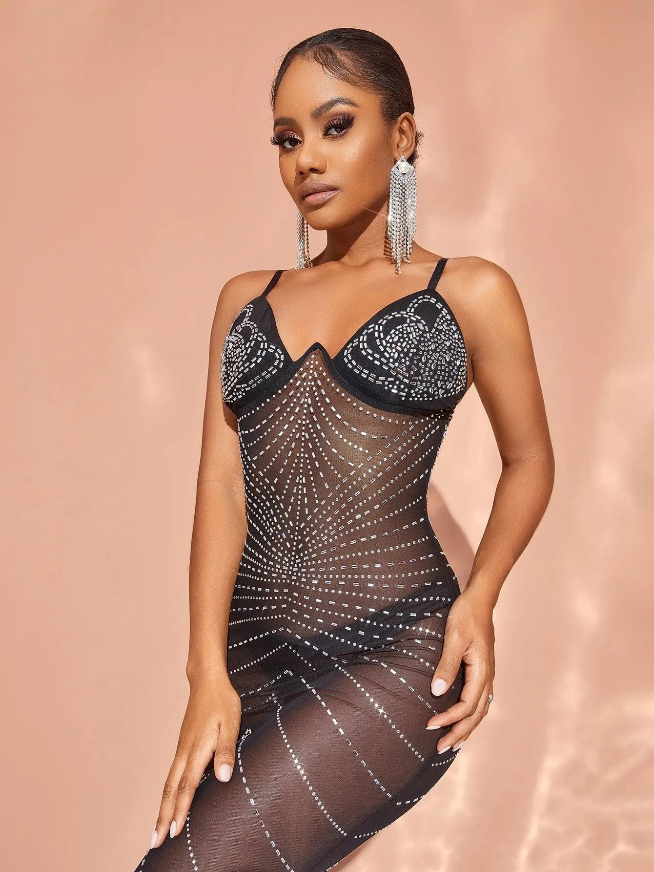 Chic Rhinestone Detail Sheer Mesh Cami Dress – view 6