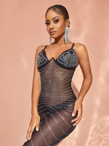 Chic Rhinestone Detail Sheer Mesh Cami Dress – view 6
