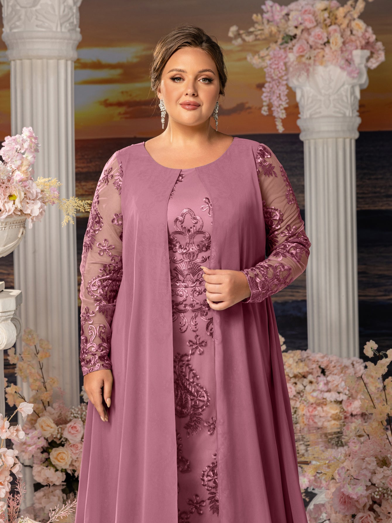 Additional product view of Plus-Size Lace Long-Sleeve Mermaid Floral Mother-of-the-Bride Dress