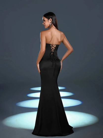 Additional product view of High-Slit Strapless Satin Sequin Mermaid Evening Gown