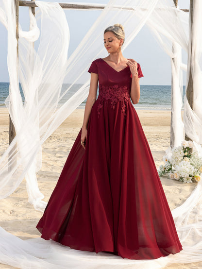 Additional view of Burgundy V-Neck Chiffon Mother of the Bride Dress with Lace Applique
